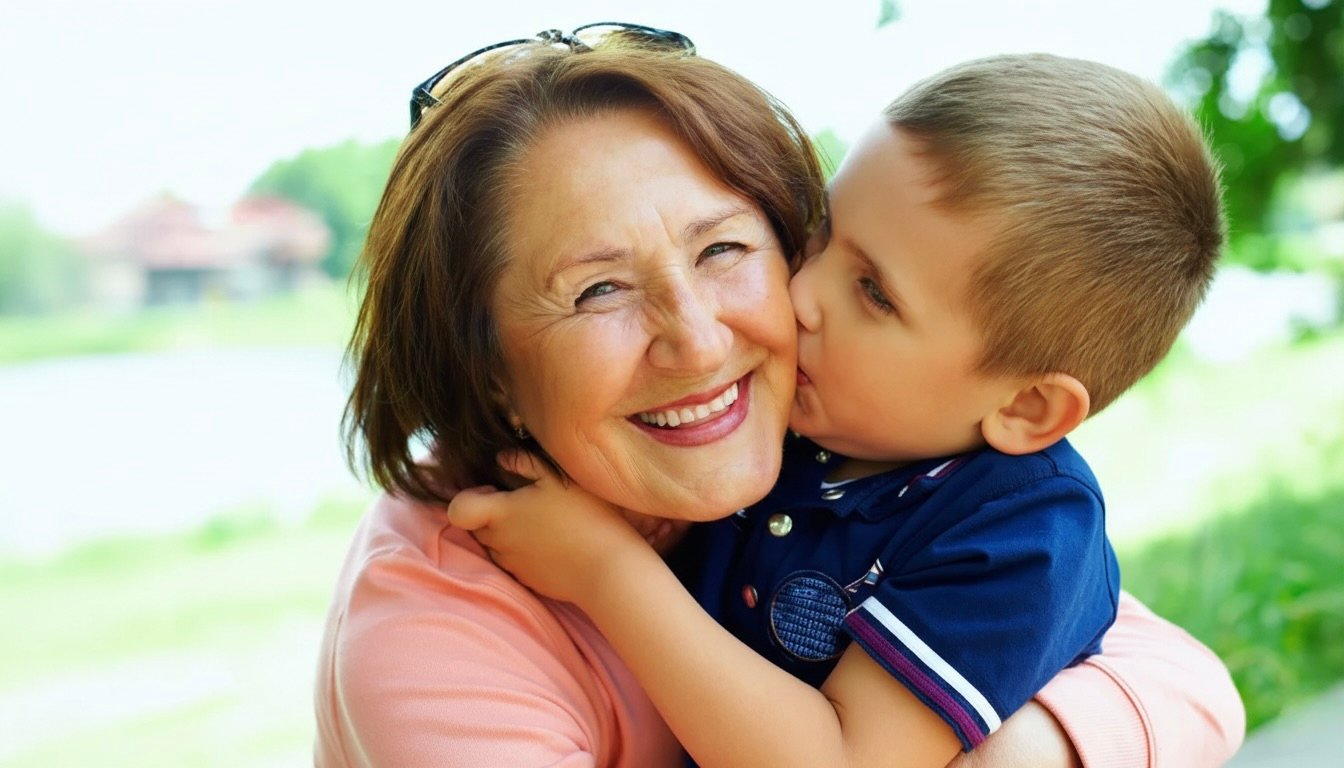 Andrea Virágh — nagymama mosolyogva unokával, szabadban, boldog pillanat