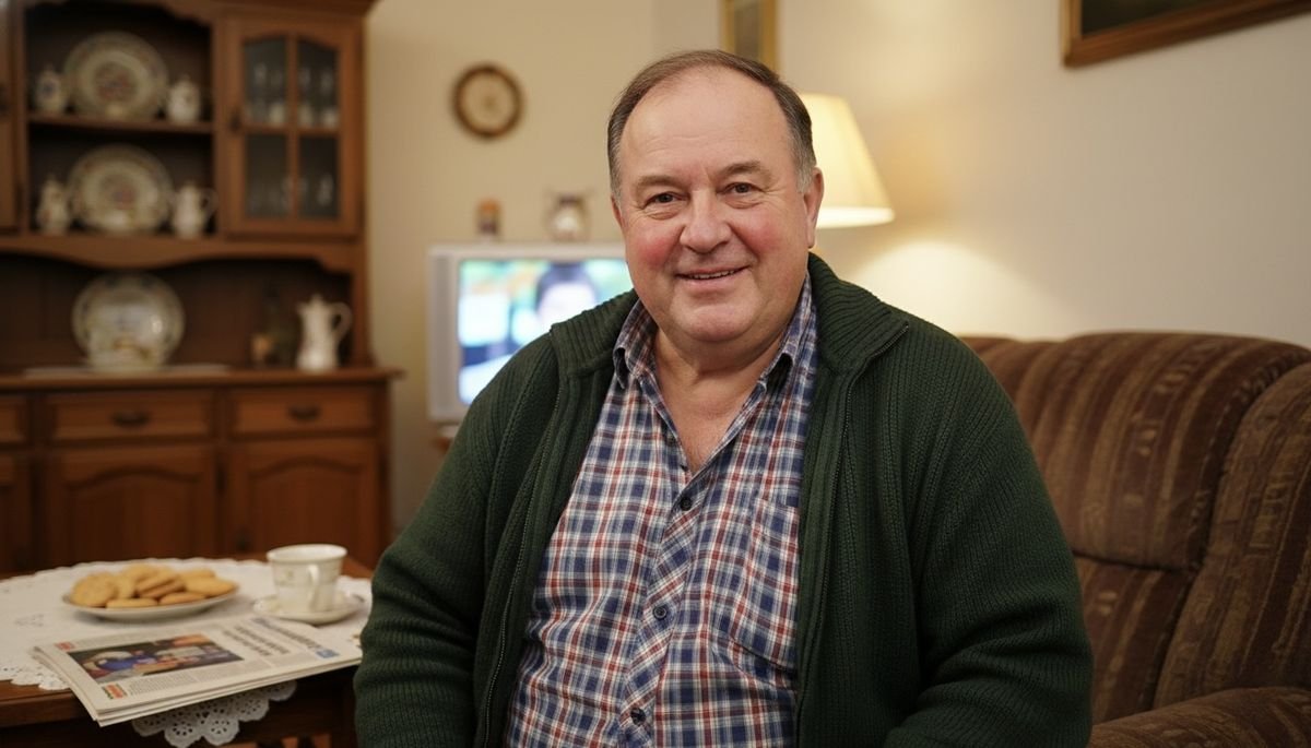 Gellért Dánosi — középkorú férfi mosolyogva otthon, hangulatos nappali